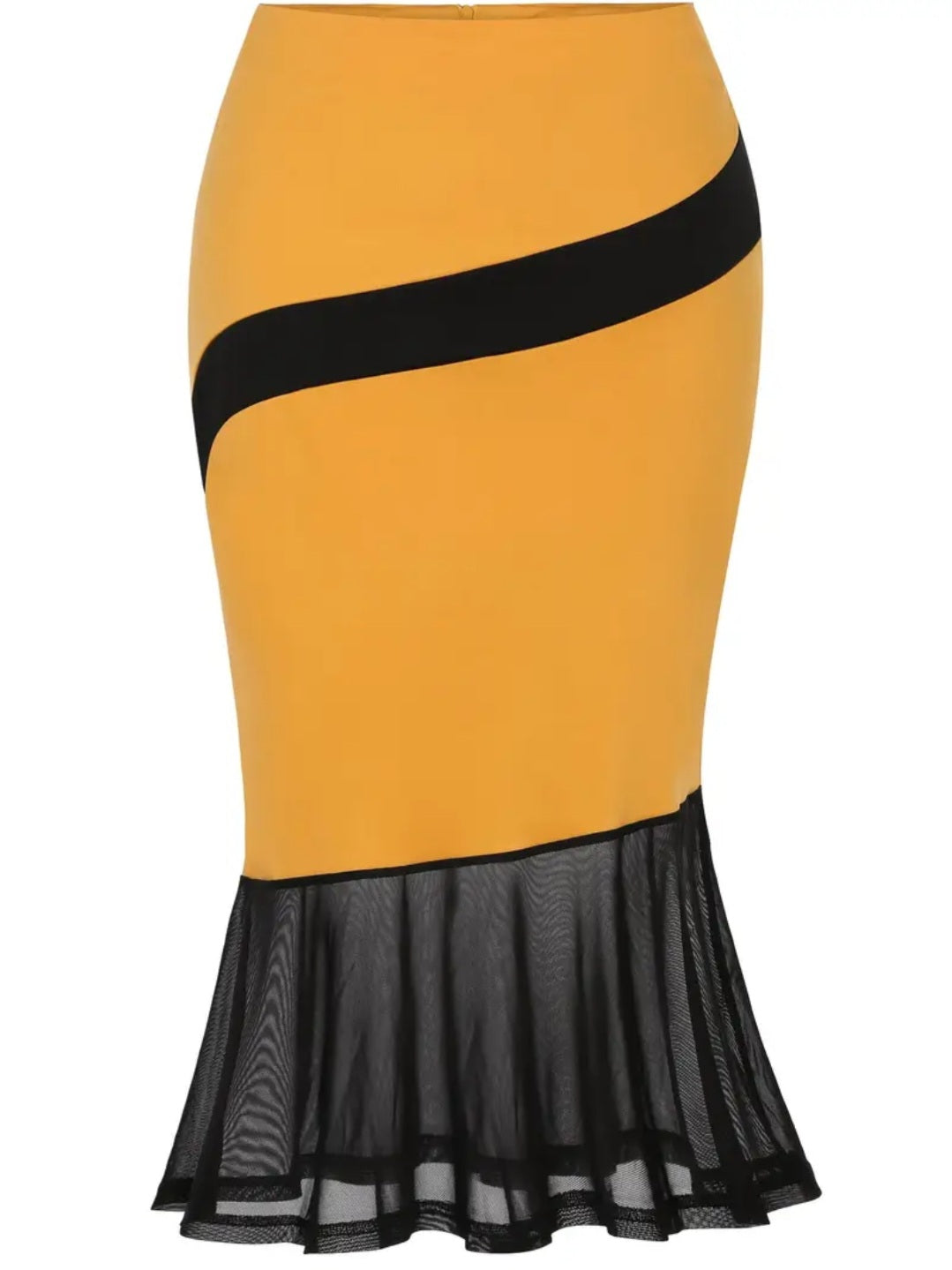 Jupe midi élégante jaune et noire a bordure en dentelle