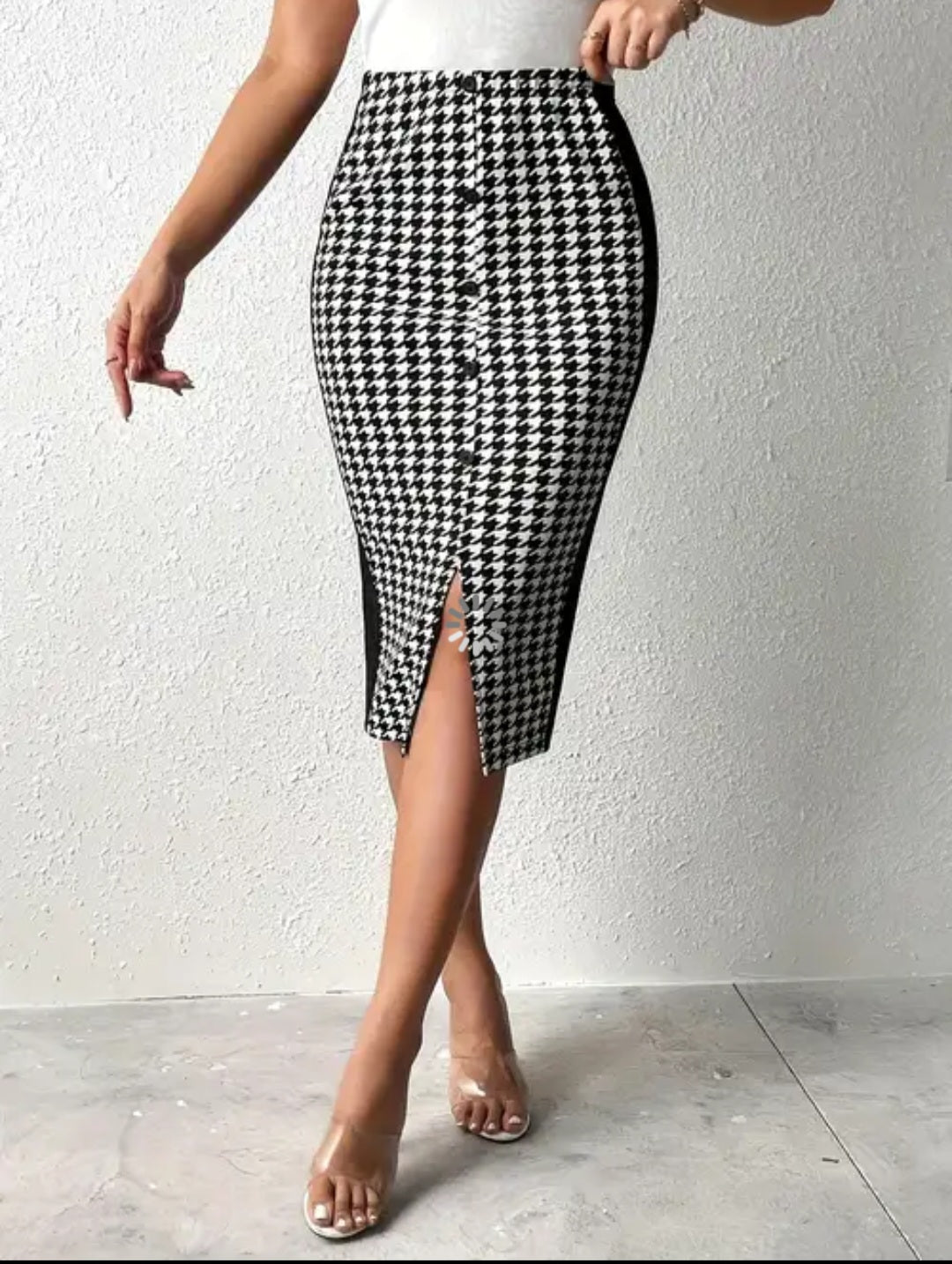Jupe taille haute à motif pied de poule